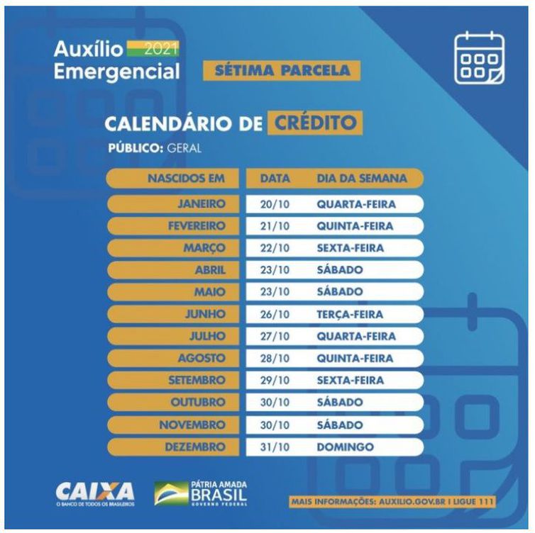 Calendário da sétima parcela do auxílio emergencial para beneficiários do CadÚnico - Caixa/Divulgação