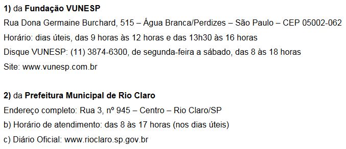 Processo seletivo Prefeitura de Rio Claro: endereços