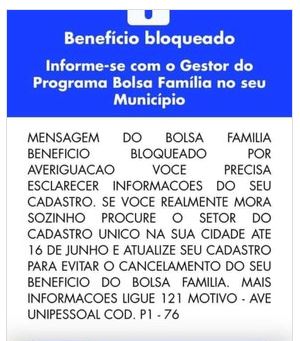 mensagem de bloqueio do bolsa família