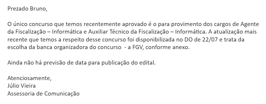 Resposta da assessoria de comunicação do TCE SP