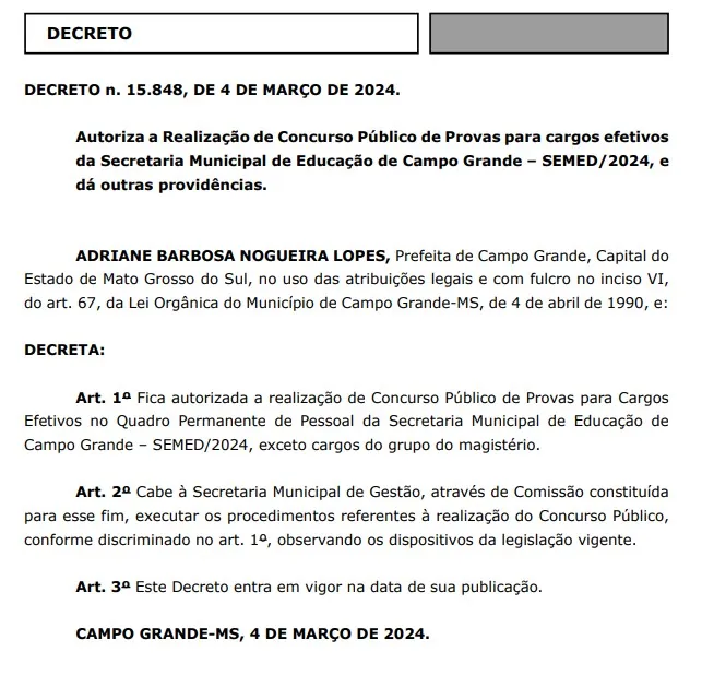 Concurso SEMED Campo Grande: autorização do edital