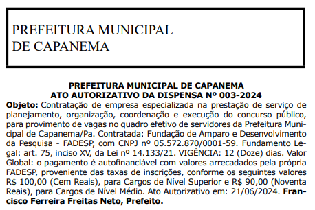 Dispensa concurso Prefeitura de Capanema