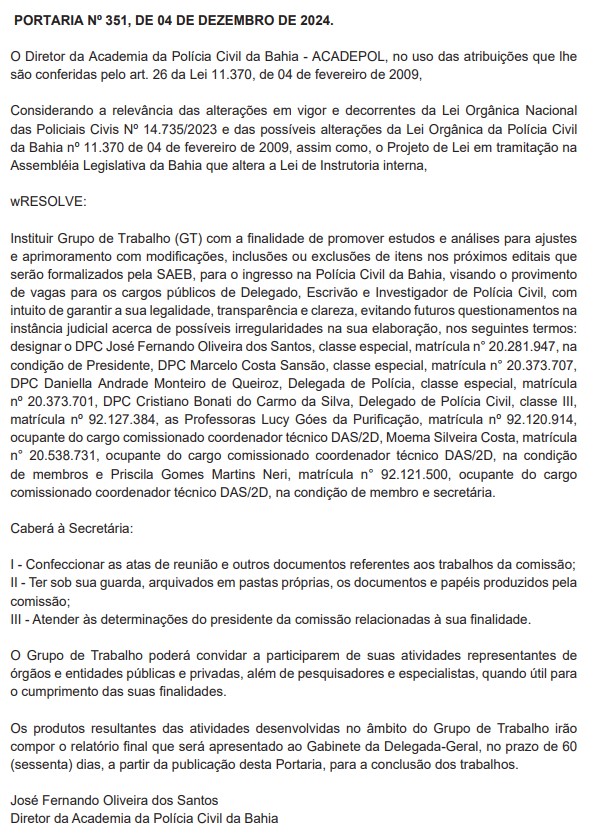 Grupo de trabalho do concurso PC BA