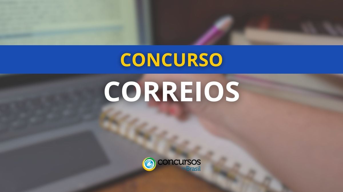 mão escrevendo, com texto no centro: Concurso Correios