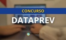 mais escrevendo em notebook. No centro, texto: concurso Dataprev