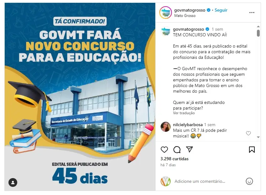 Anúncio do concurso Seduc MT. Foto: reprodução do Instagram