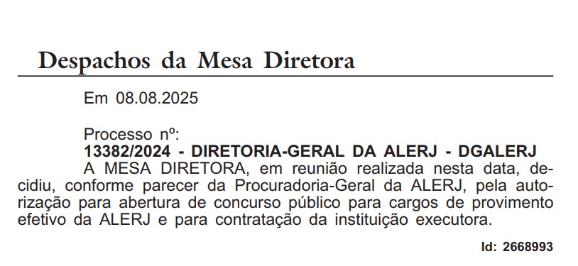 Autorização do concurso Alerj. Foto: reprodução IOERJ 08/08/2025