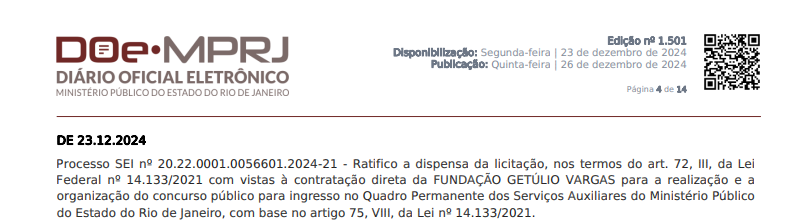 Concurso MP RJ: contratação de banca organizadora FGV.