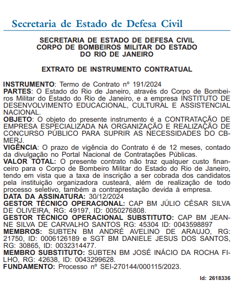 Concurso CBMERJ: Termo de contratação de banca organizadora.