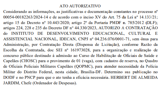 Concurso PMDF Oficial Capelão: autorizada a contratação da banca organizadora.