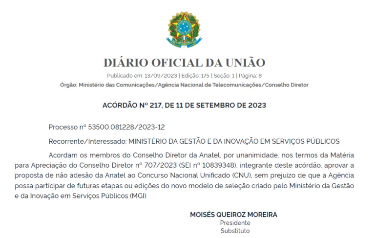 ANATEL nega adesão ao Concurso Nacional Unificado