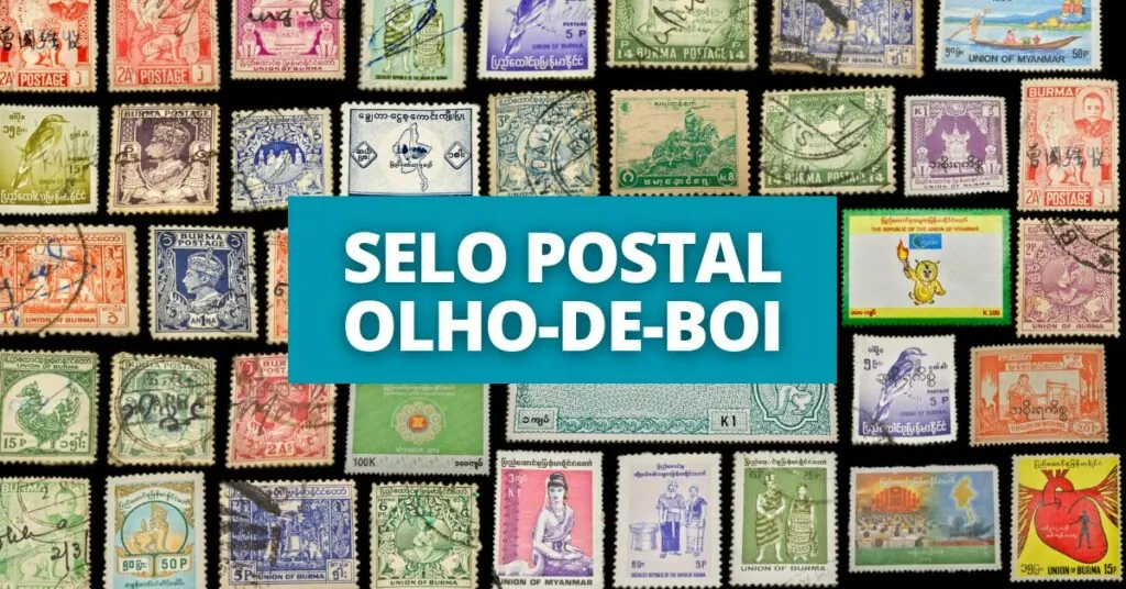 É possível ler: selo postal olho-de-boi. No fundo, vários selos para ilustrar