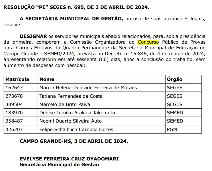 Concurso SEMED Campo Grande: comissão organizadora