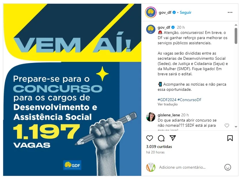 Concurso SEDES DF: informativo do Instagram do GDF