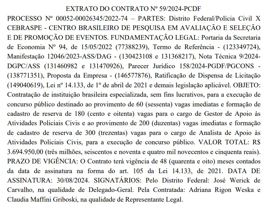 Extrato do contrato, Cebraspe é a banca contratada.